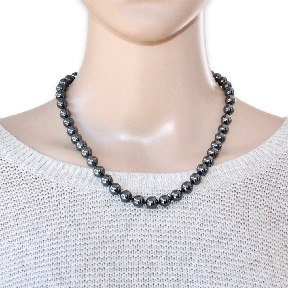 Vintage Hand Knotted Hematite Bead Necklace 8mm Heavy Round Beads 19”